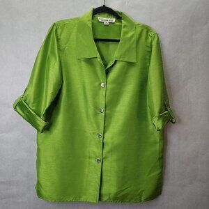 Caroline Rose Blouse Women M Iridescent Green Lagenlook Collared Roll-tab Sleeve